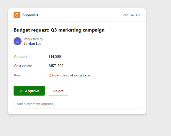 An Approvals card showing a budget request with amount, cost centre and item details, and Approve and Reject buttons