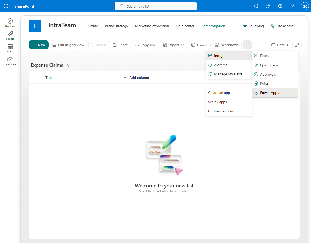 A SharePoint list command bar with the overflow menu open, showing Integrate expanded to Power Apps, which is expanded to Create an app, See all apps, and Customize forms