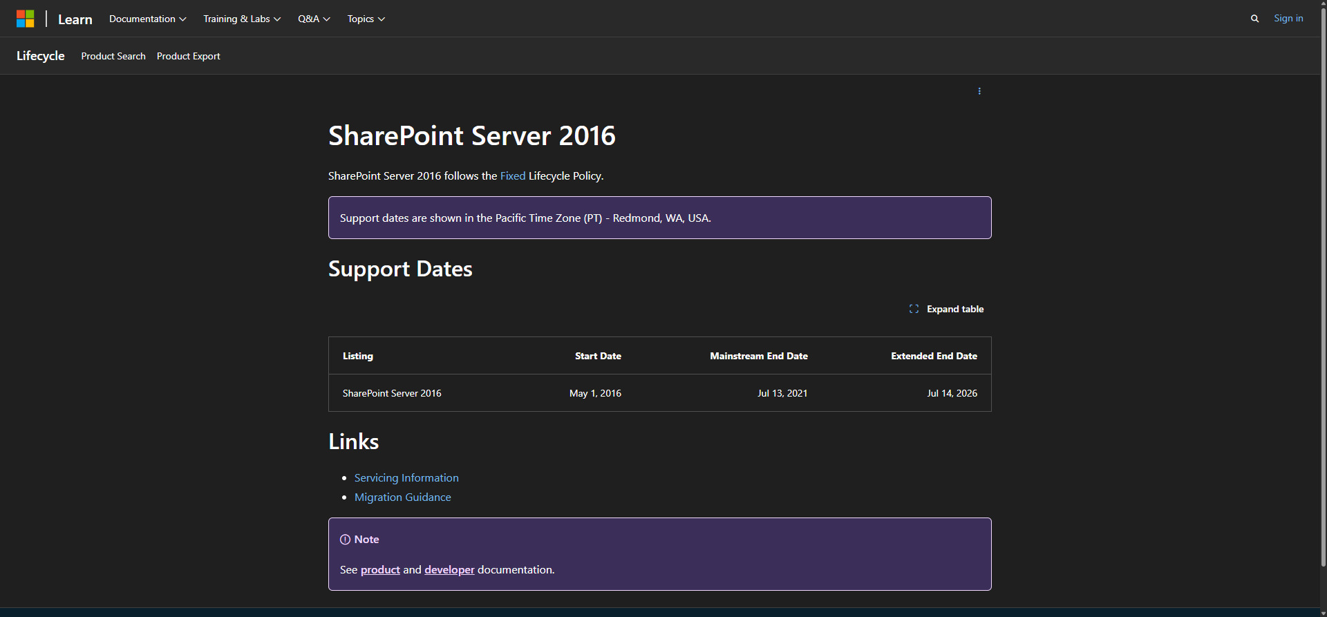 Microsoft Learn lifecycle page showing SharePoint Server 2016 with an Extended End Date of July 14, 2026