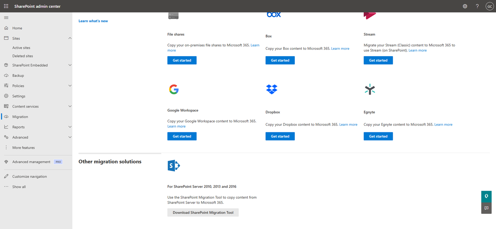 The Migration page in the SharePoint admin center, showing Migration Manager connectors above an Other migration solutions section with a download link for the SharePoint Migration Tool for SharePoint Server 2010, 2013 and 2016